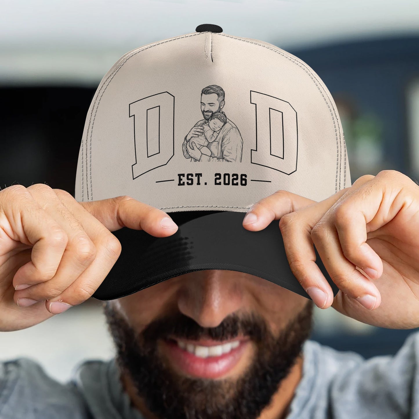 Dad Est Custom Photo Sketch Line Art Father's Day Gift For New Dad, Husband - Personalized Cap