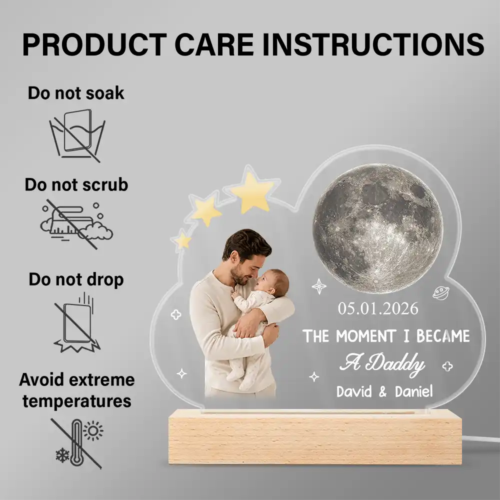 Custom Photo Moon Phase The Moment I Became A Dad - Personalized 3D Led Light Wooden Base