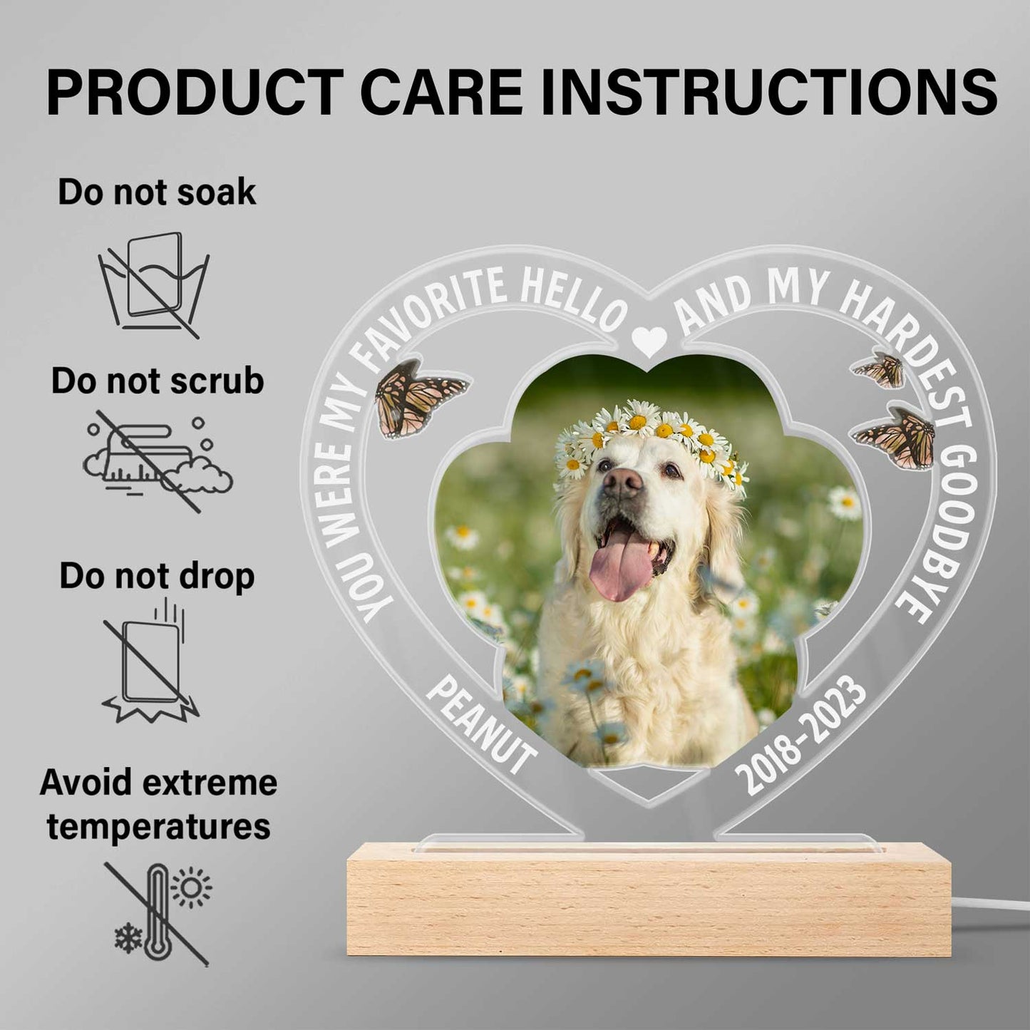 Custom Photo Dog Cat My Favorite Hello & Hardest Goodbye - Personalized 3D Led Light Wooden Base