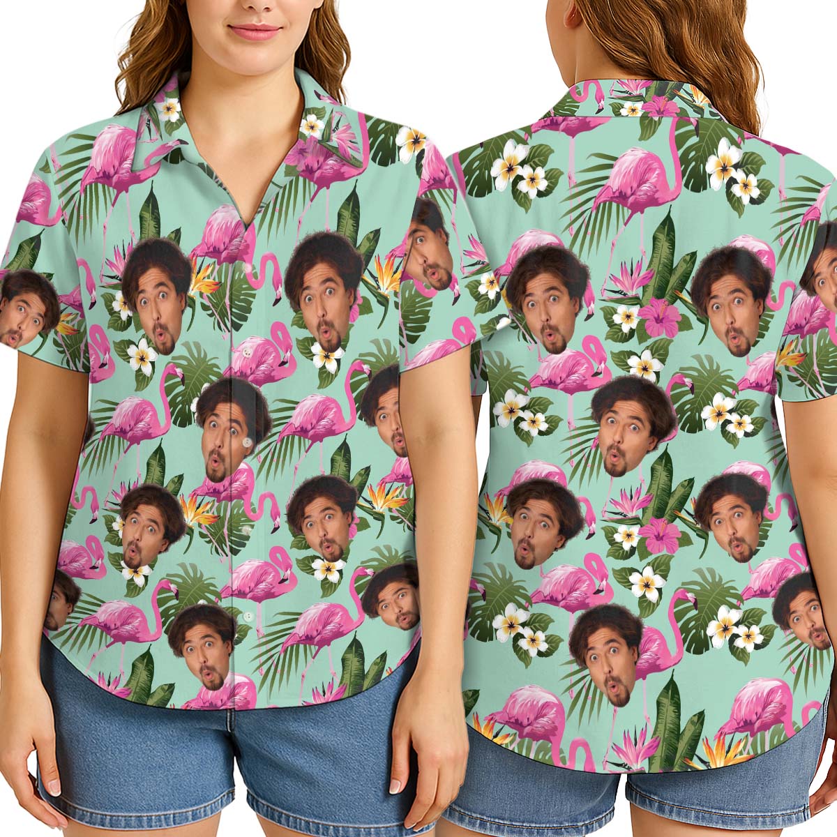 Custom Photo With Beloved Ones Flamingo Theme - Personalized Customized Hawaiian Shirt