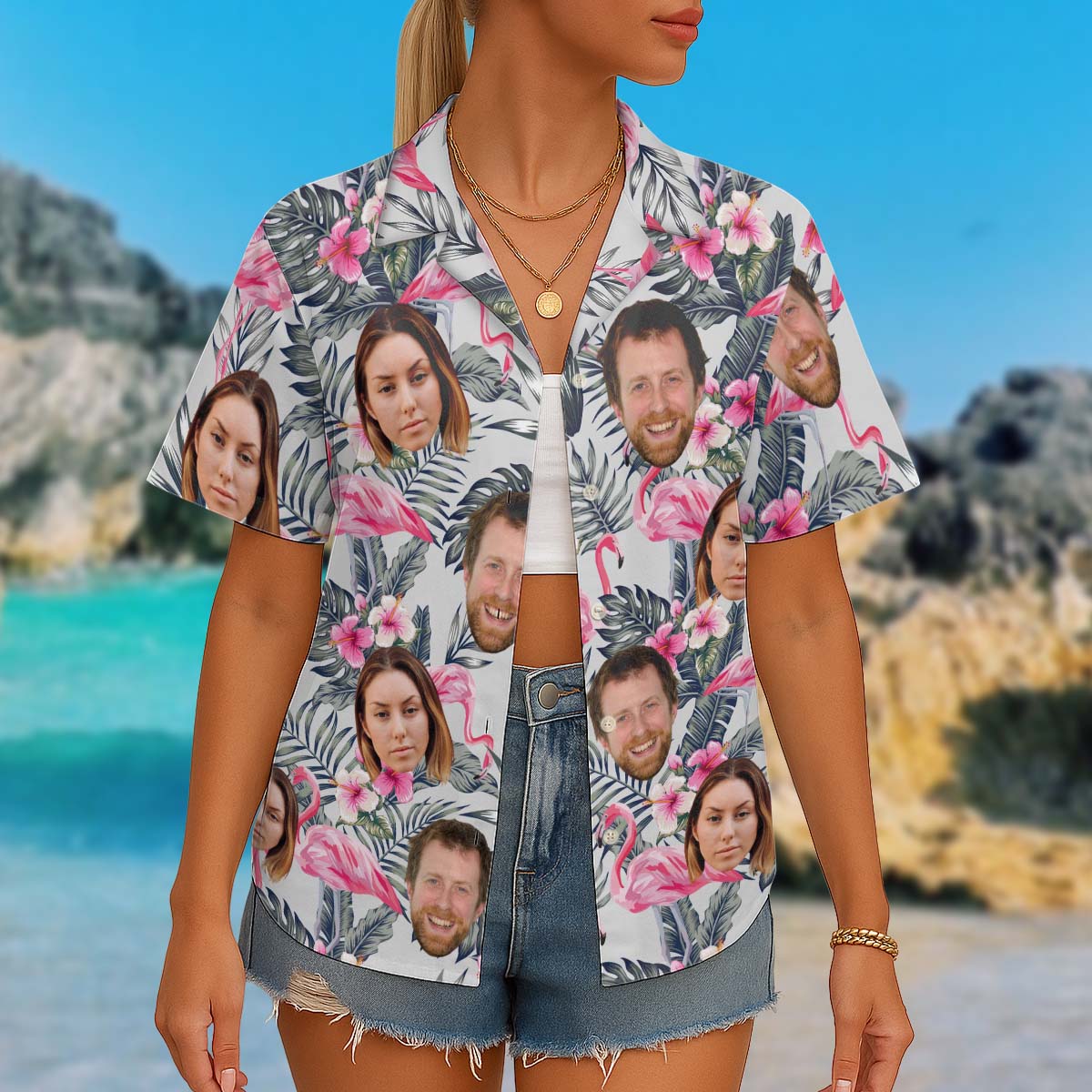 Custom Photo With Beloved Ones Flamingo Theme - Personalized Customized Hawaiian Shirt
