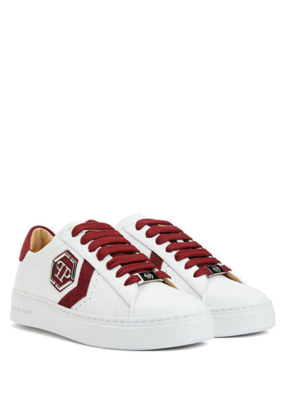 Philipp Plein Lo-Top Arrow Force Men's Leather Sneaker In White-Burgundy