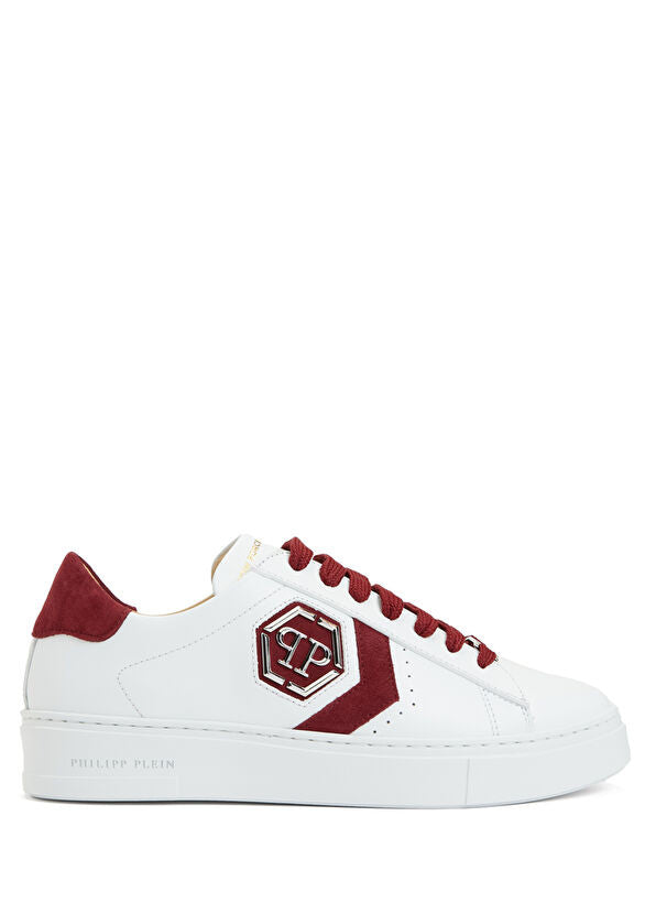 Philipp Plein Lo-Top Arrow Force Men's Leather Sneaker In White-Burgundy