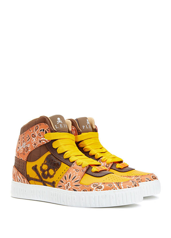 Philipp Plein Orange Scarf Patterned Men's Ankle High Sneaker