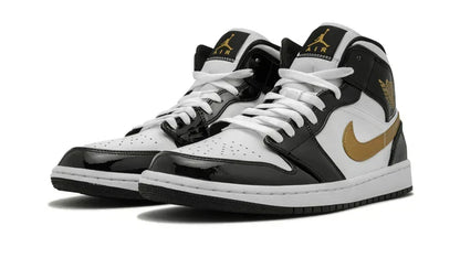 Men's Air Jordan 1 Mid Black Gold Patent Leather Shoes