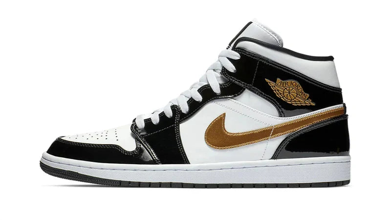 Men's Air Jordan 1 Mid Black Gold Patent Leather Shoes