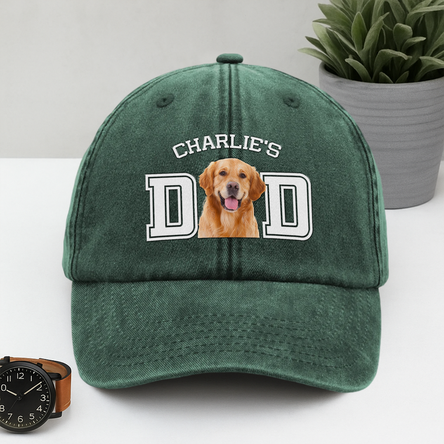 Custom Photo Dog Cat Dad Washed Denim Baseball Cap