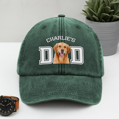 Custom Photo Dog Cat Dad Washed Denim Baseball Cap
