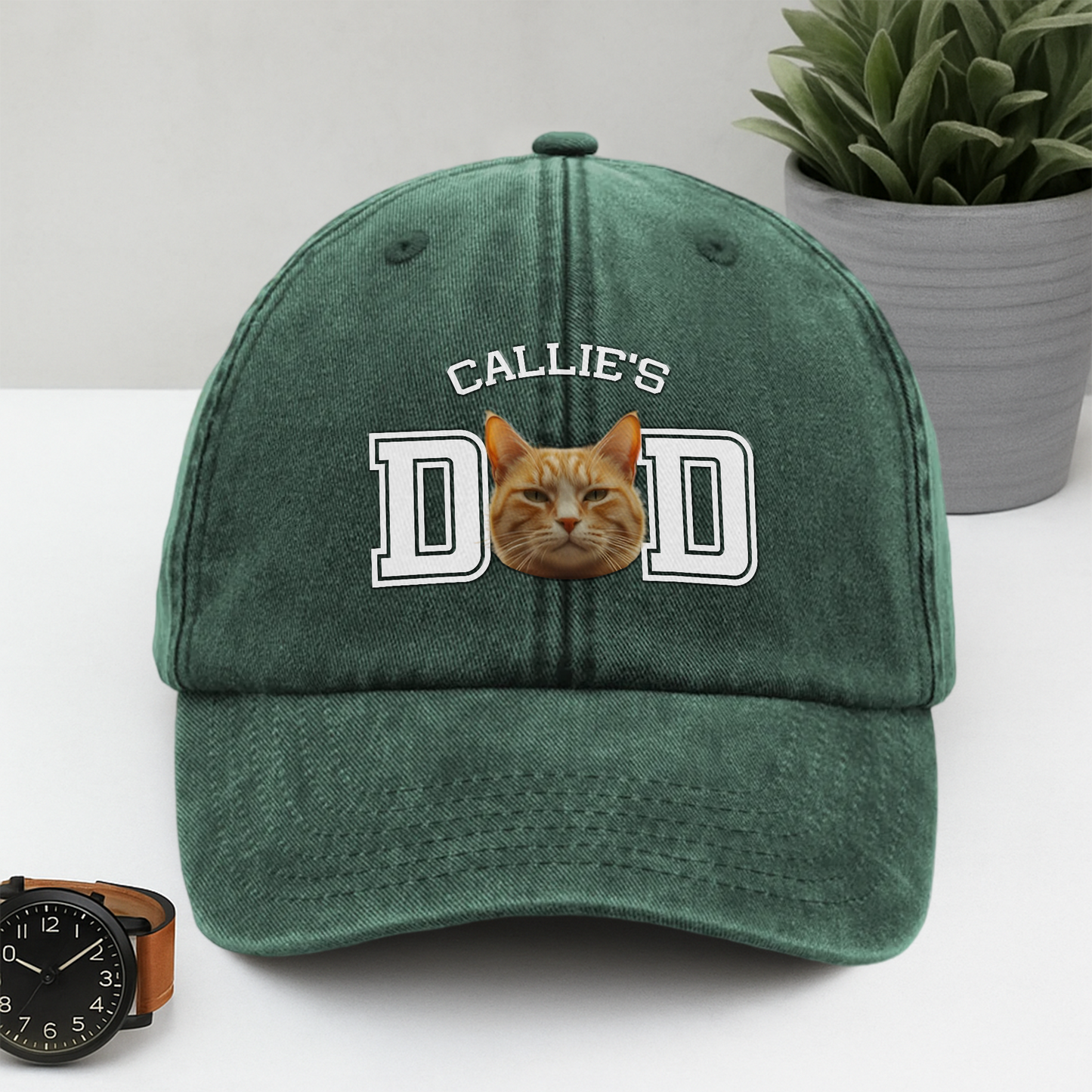 Custom Photo Dog Cat Dad Washed Denim Baseball Cap