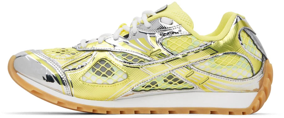 Men’s Bottega Veneta Orbit Flash Suede-Trimmed Silver & Yellow Sneakers