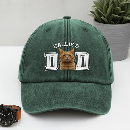 Custom Photo Dog Cat Dad Washed Denim Baseball Cap