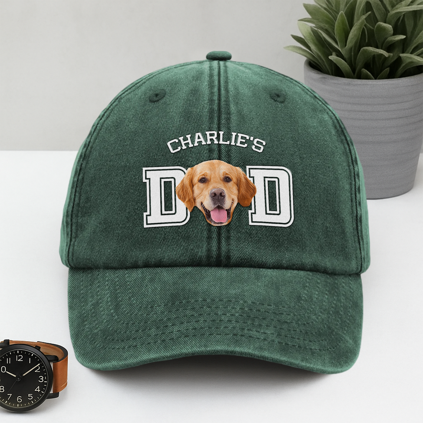 Custom Photo Dog Cat Dad Washed Denim Baseball Cap