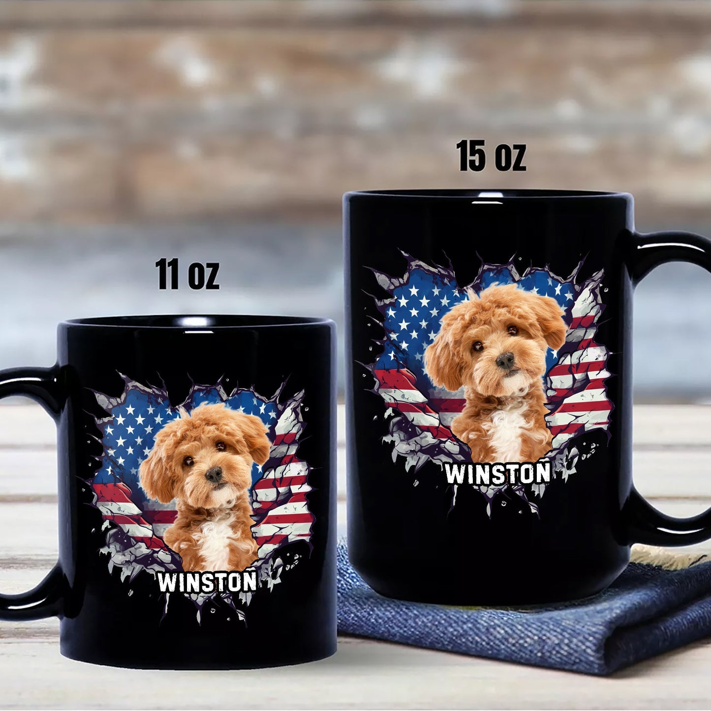 Custom Photo Dog Cat With American Flag Black Mug