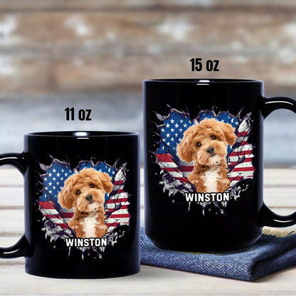Custom Photo Dog Cat With American Flag Black Mug