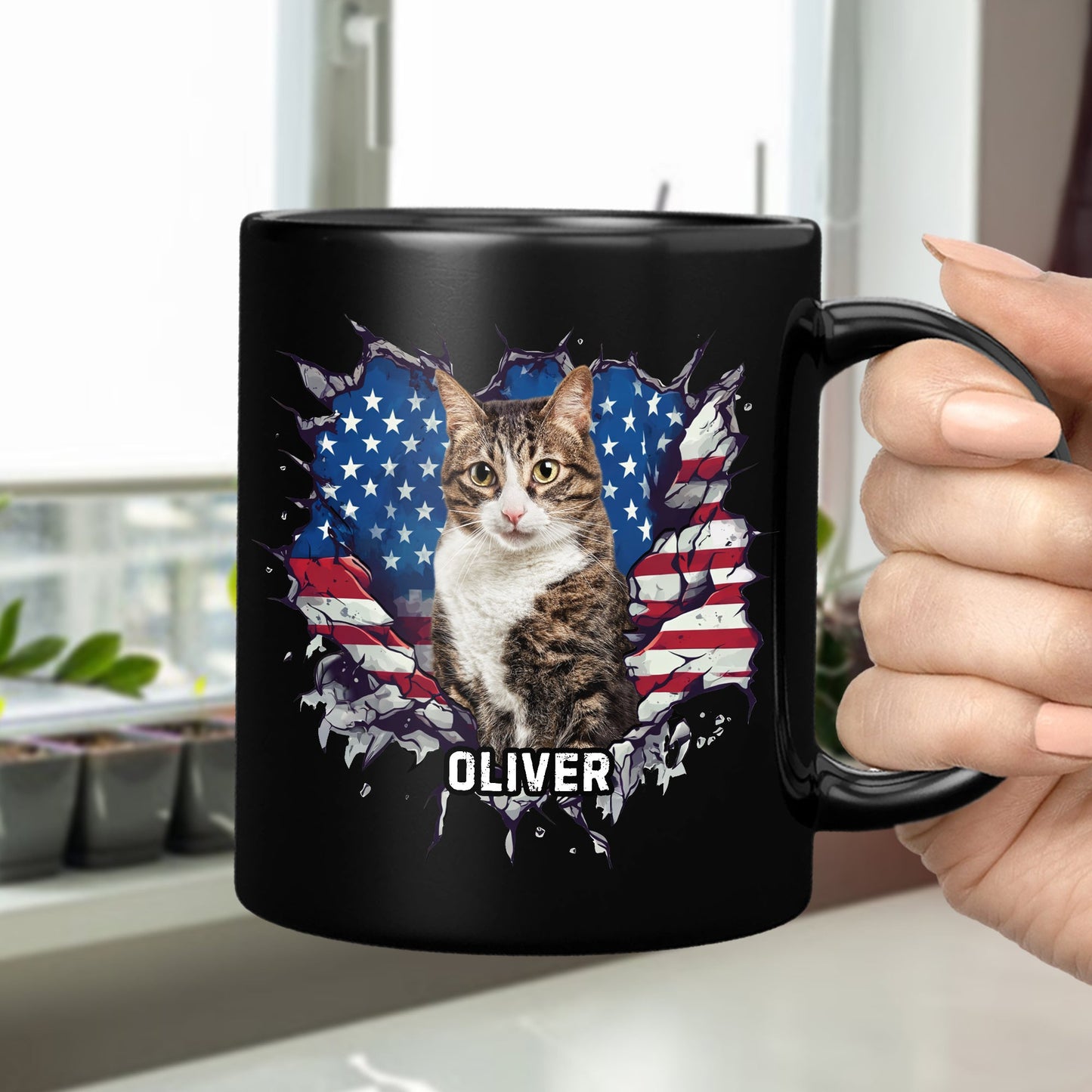 Custom Photo Dog Cat With American Flag Black Mug
