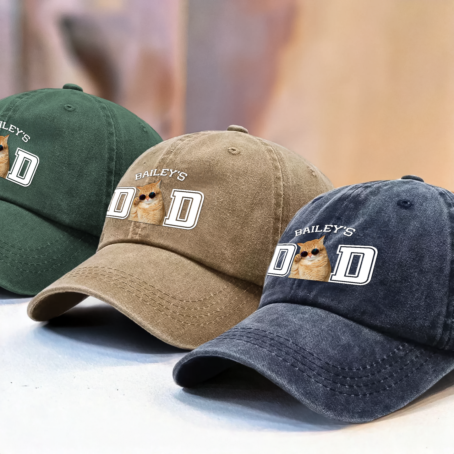 Custom Photo Dog Cat Dad Washed Denim Baseball Cap