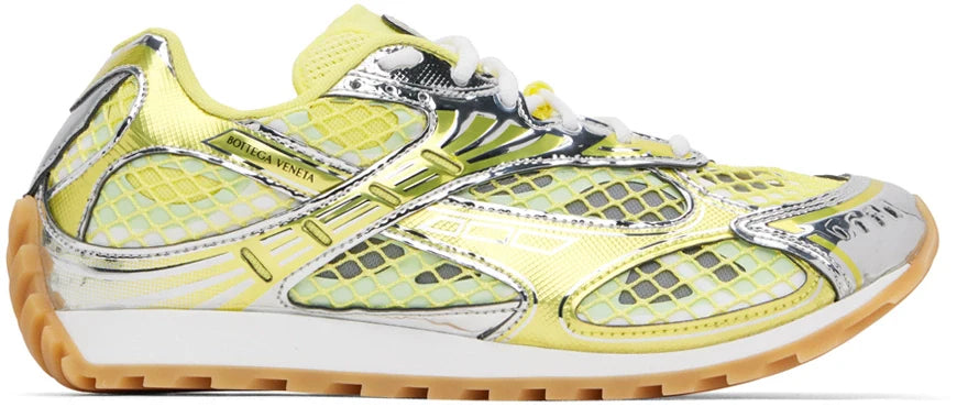 Men’s Bottega Veneta Orbit Flash Suede-Trimmed Silver & Yellow Sneakers