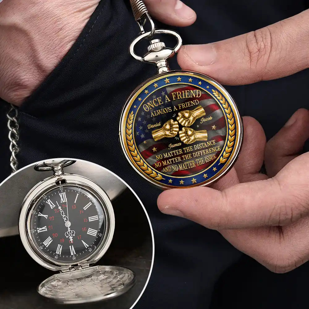 3D Metal Effect Stars & Stripes Once A Brother Always A Brother - Personalized Pocket Watch