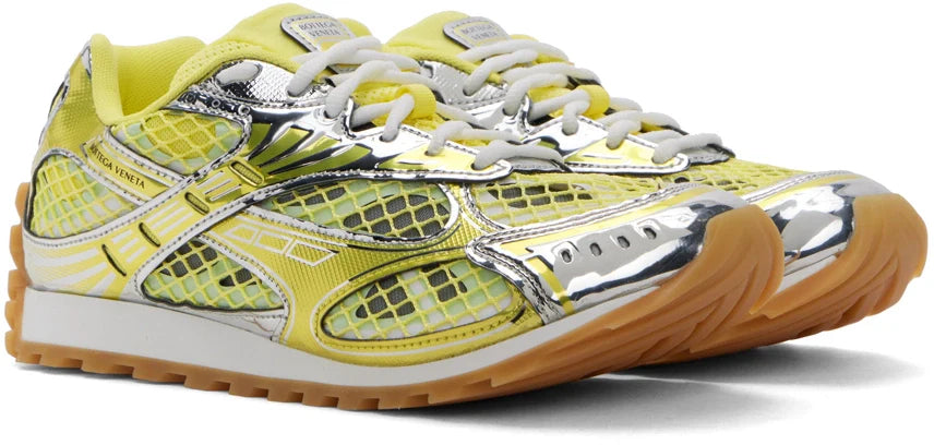 Men’s Bottega Veneta Orbit Flash Suede-Trimmed Silver & Yellow Sneakers
