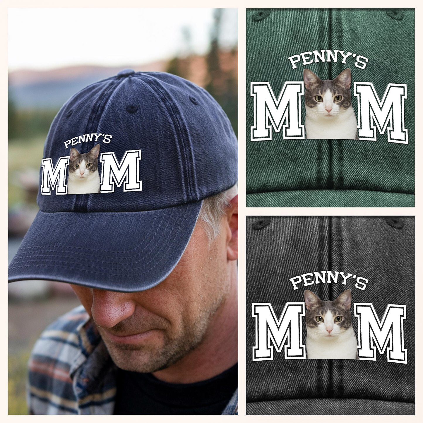 Custom Photo Dog Cat Dad Washed Denim Baseball Cap