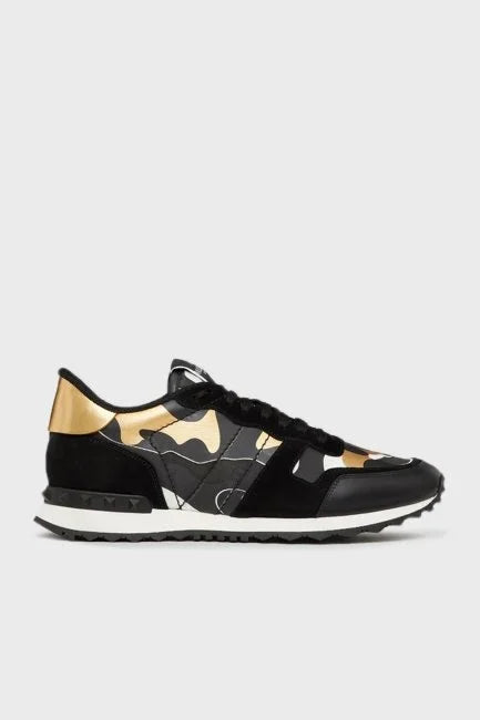 Men's Valentino Camo Rock Runners Black Gold Sneakers