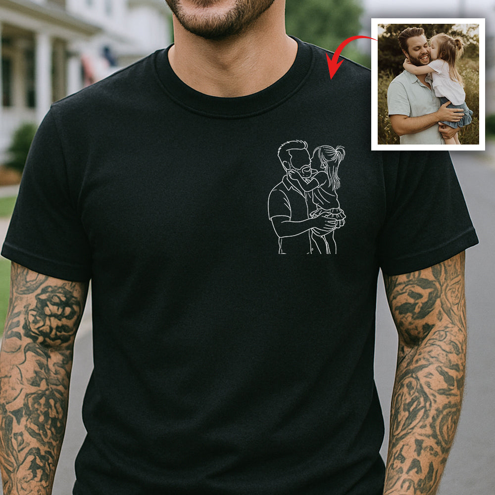 Custom Dad And Kids Portrait Photo Drawing Style Family Dark Shirt