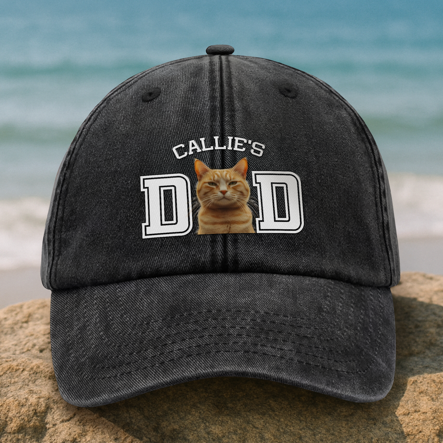 Custom Photo Dog Cat Dad Washed Denim Baseball Cap