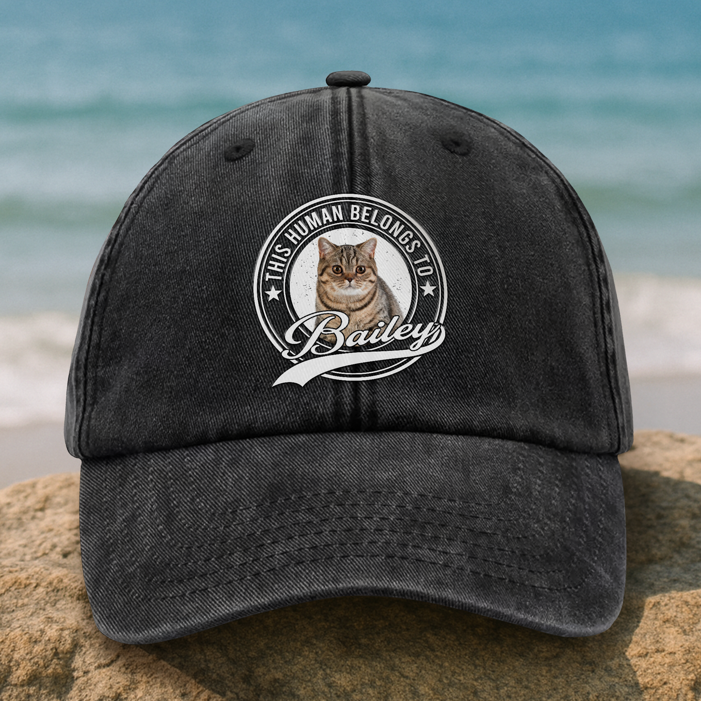 Custom Photo Human Belongs To Dog Cat Pet Washed Denim Baseball Cap