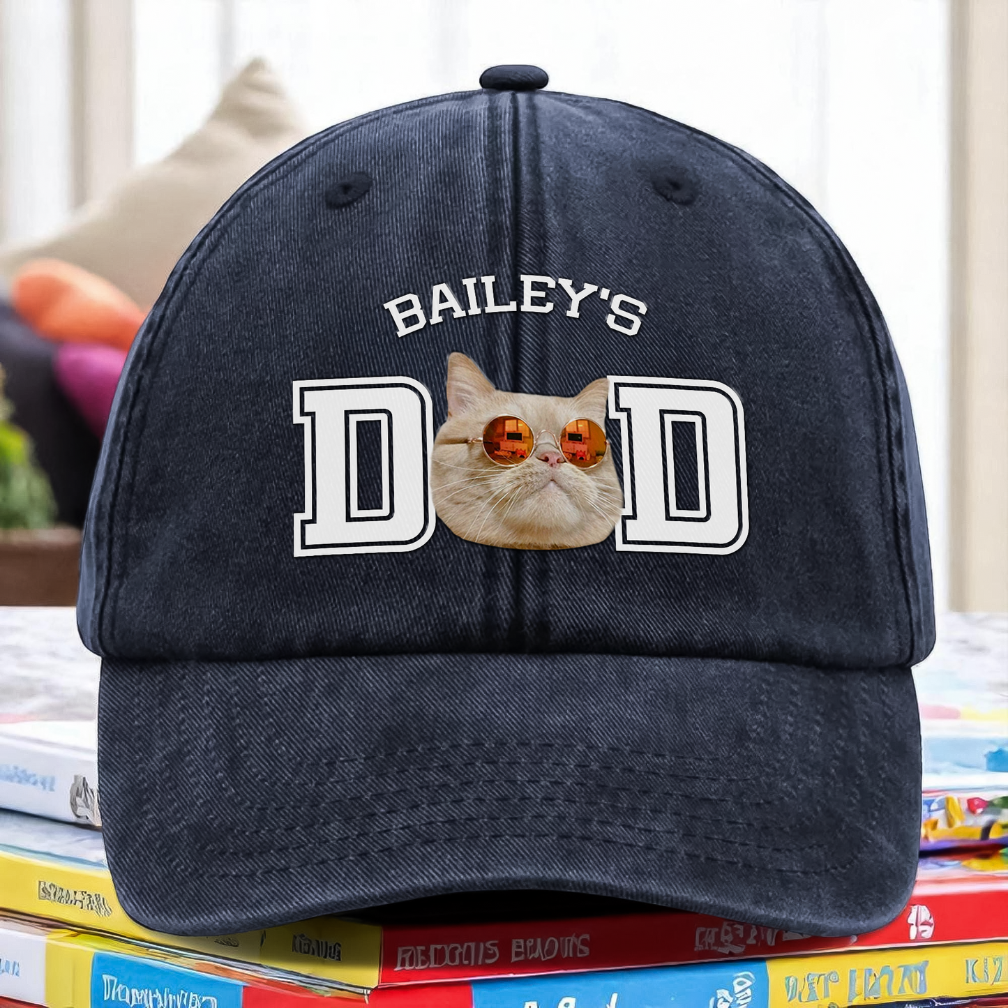 Custom Photo Dog Cat Dad Washed Denim Baseball Cap