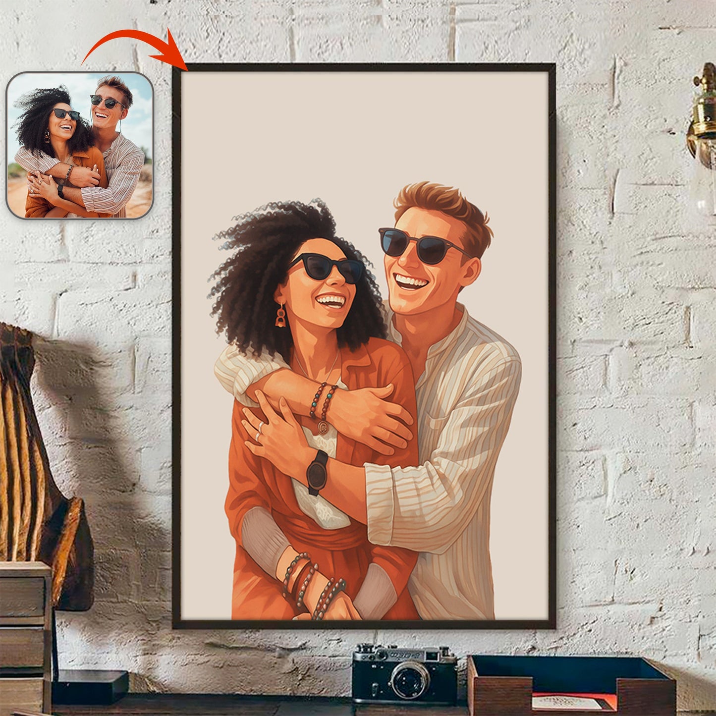 Custom Couple Portrait Photo With Drawing Style Poster Picture Frame
