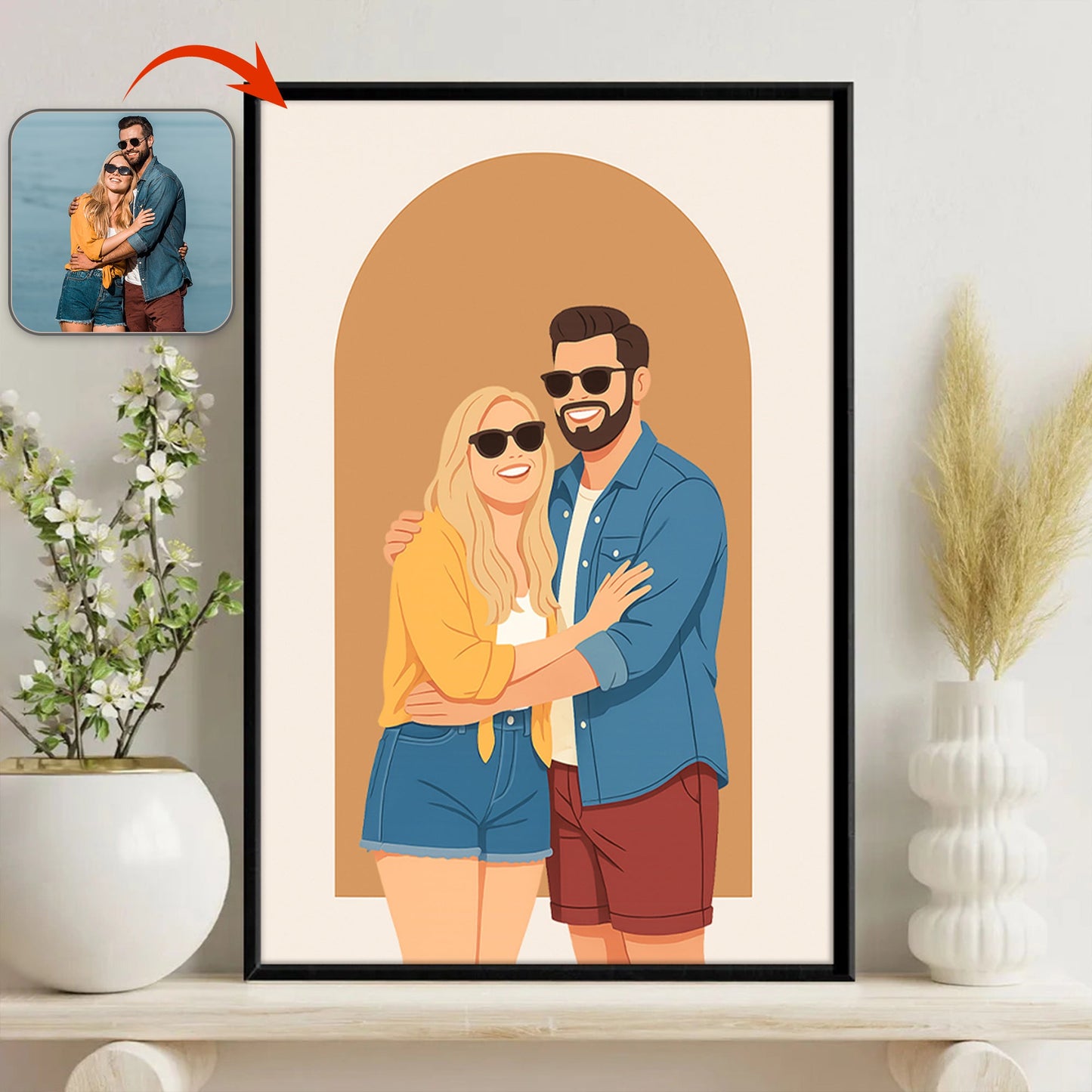 Custom Couple Portrait Photo With Drawing Style Poster Picture Frame