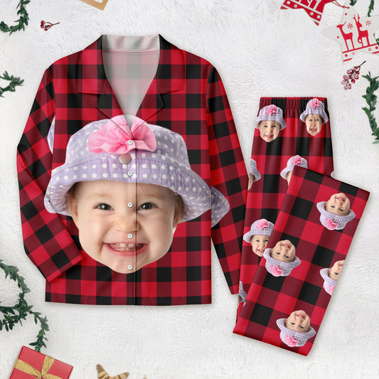 Custom Photo Portrait Face With Christmas Accessories Flannel Pajamas