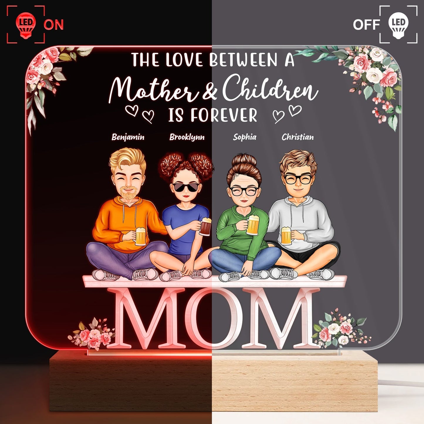 Mother And Daughters Sons Children From The Start - Personalized Custom 3D Led Light Wooden Base