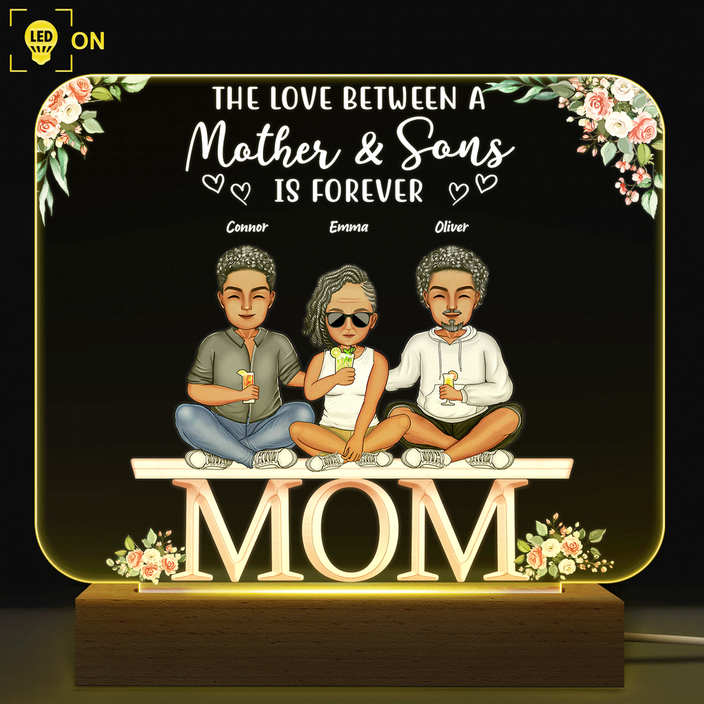 Mother And Daughters Sons Children From The Start - Personalized Custom 3D Led Light Wooden Base