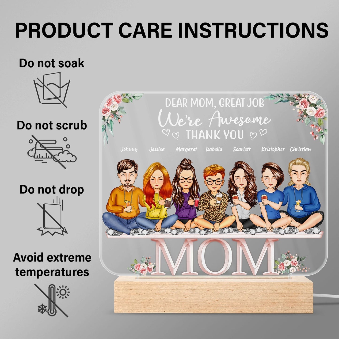 Mother And Daughters Sons Children From The Start - Personalized Custom 3D Led Light Wooden Base