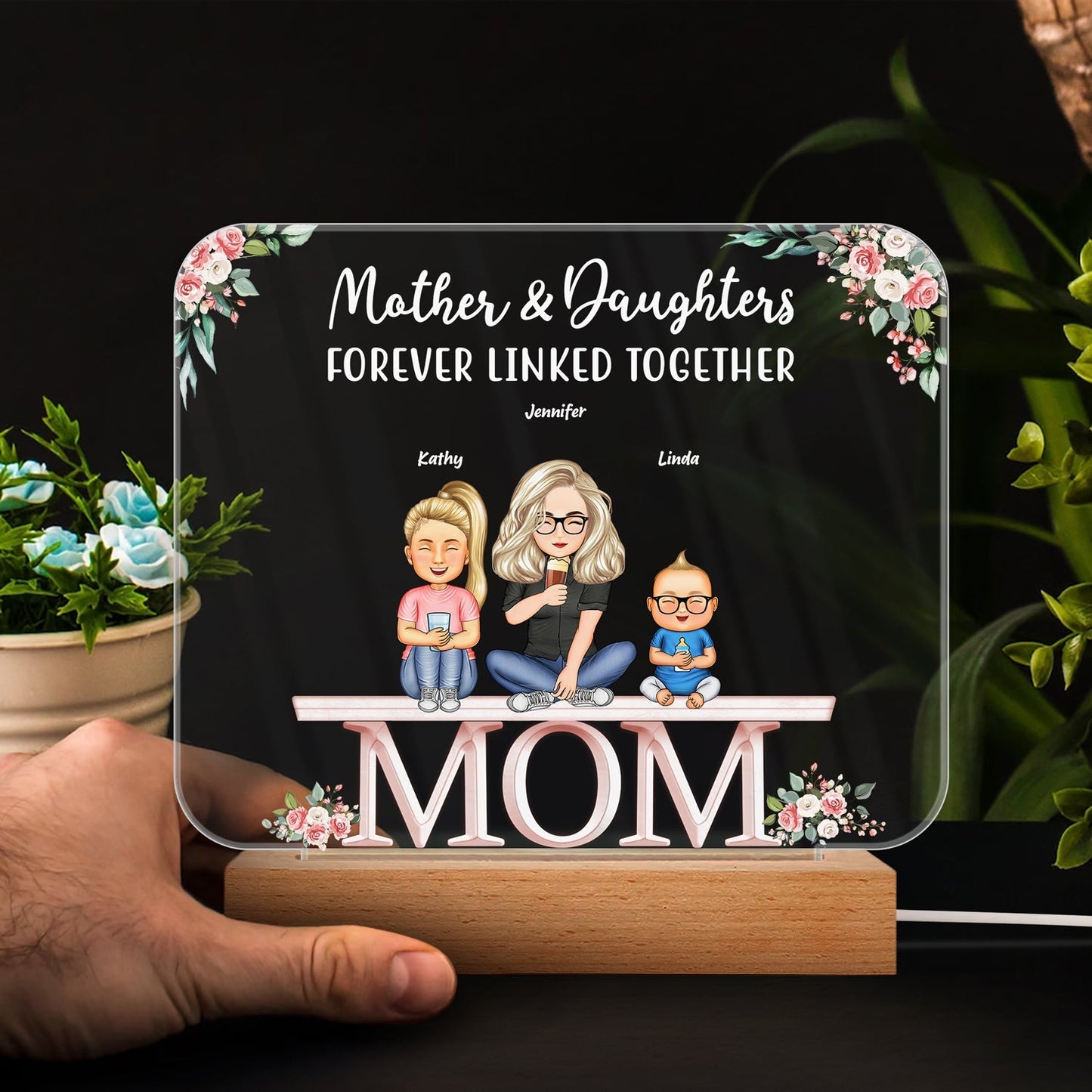 Mother And Daughters Sons Children From The Start - Personalized Custom 3D Led Light Wooden Base