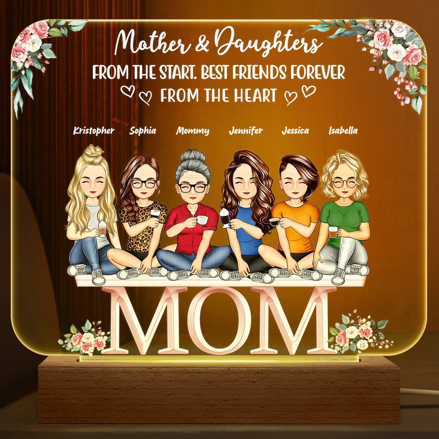 Mother And Daughters Sons Children From The Start - Personalized Custom 3D Led Light Wooden Base