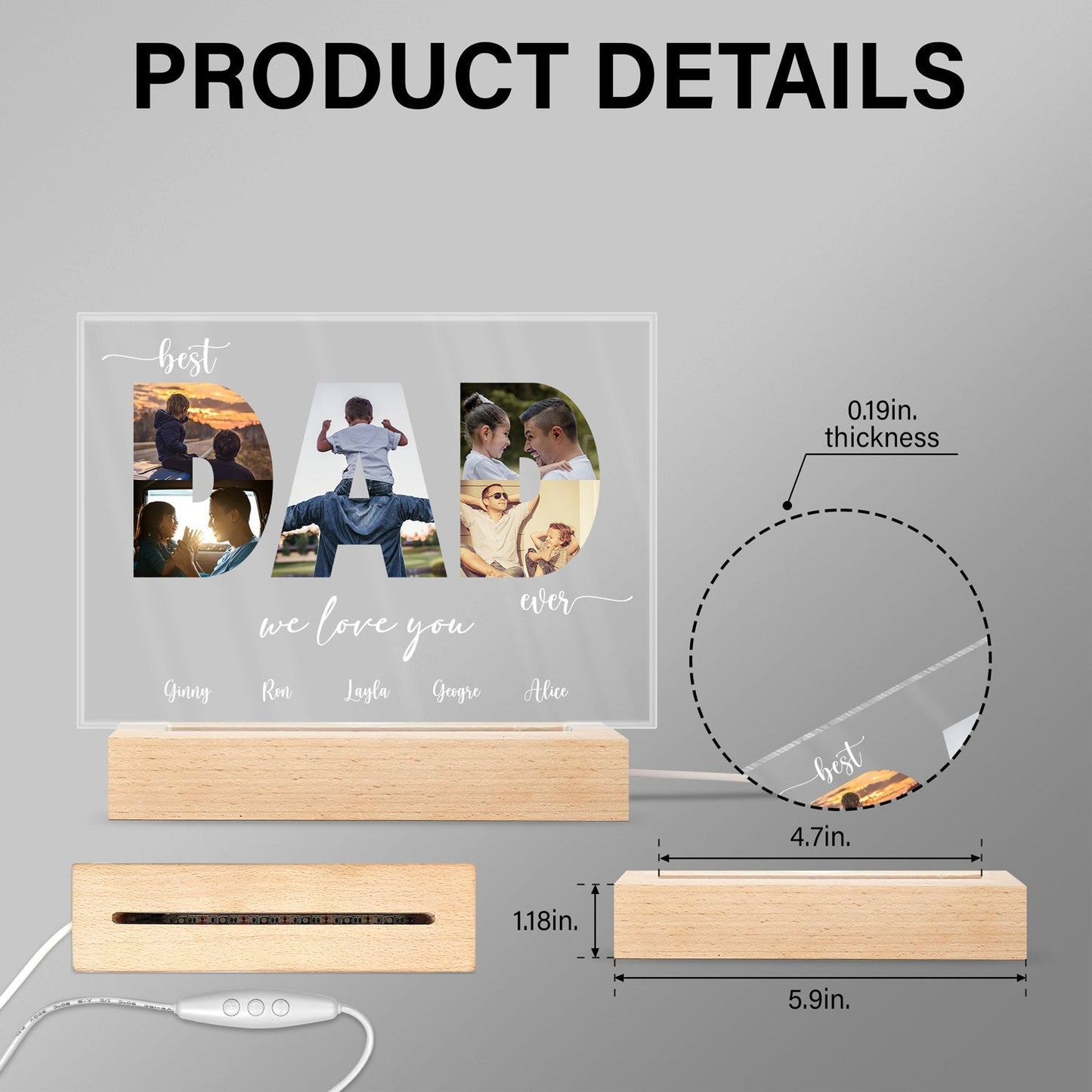 Custom Photo Best Dad Ever - Personalized Custom 3D Led Light Wooden Base