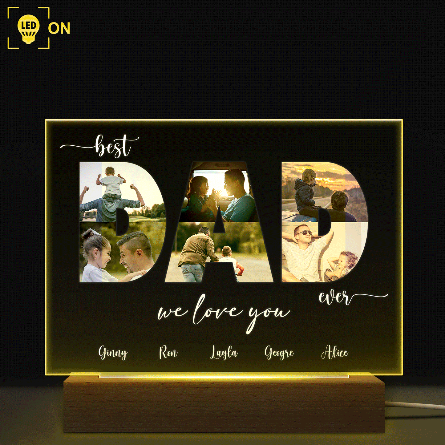 Custom Photo Best Dad Ever - Personalized Custom 3D Led Light Wooden Base