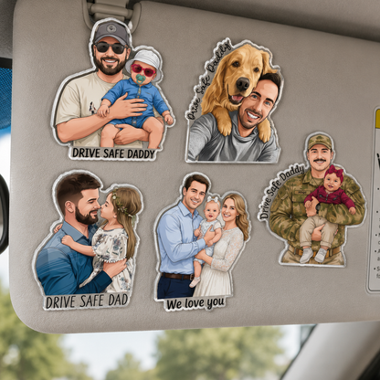Personalized Portrait From Photo Dad And Kids Acrylic Car Visor Clip Fathers Day Gift