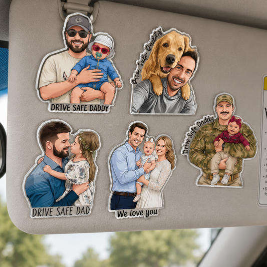 Personalized Portrait From Photo Dad And Kids Acrylic Car Visor Clip Fathers Day Gift