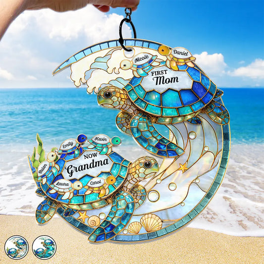 First Mom Now Grandma Stained Glass Turtle - Personalized Window Hanging Suncatcher Ornament