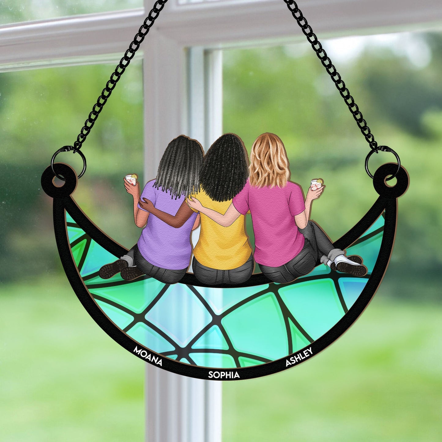 Friends, Sisters Sitting On The Moon - Personalized Window Hanging Suncatcher Ornament - Gift For Friend