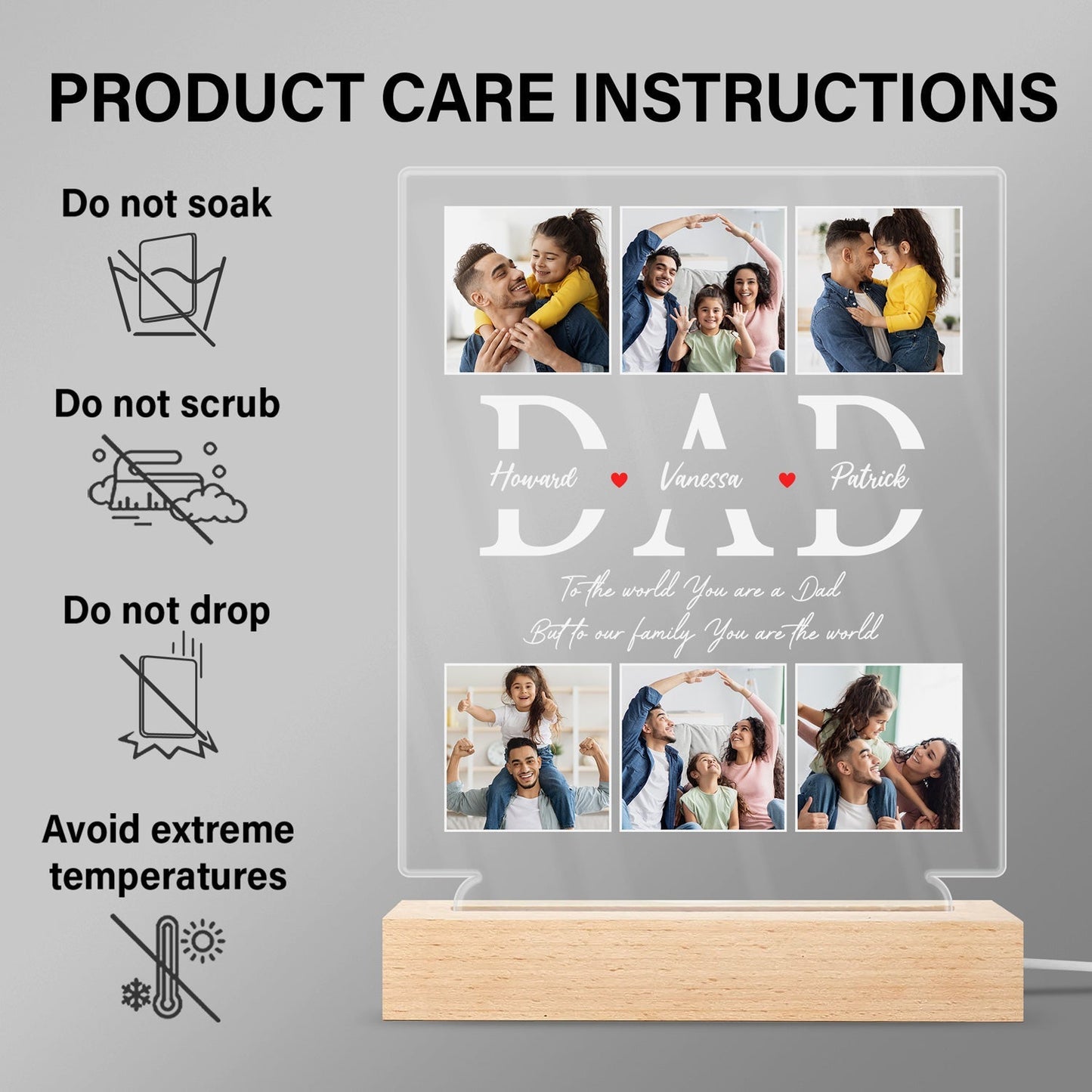 Custom Photo Dad To Our Family You Are The World - Personalized 3D Led Light Wooden Base