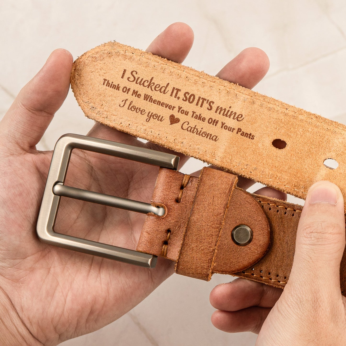 I Sucked It I Licked It So It's Mine Naughty Anniversary Gift For Husband, BF - Personalized Cowhide Belt