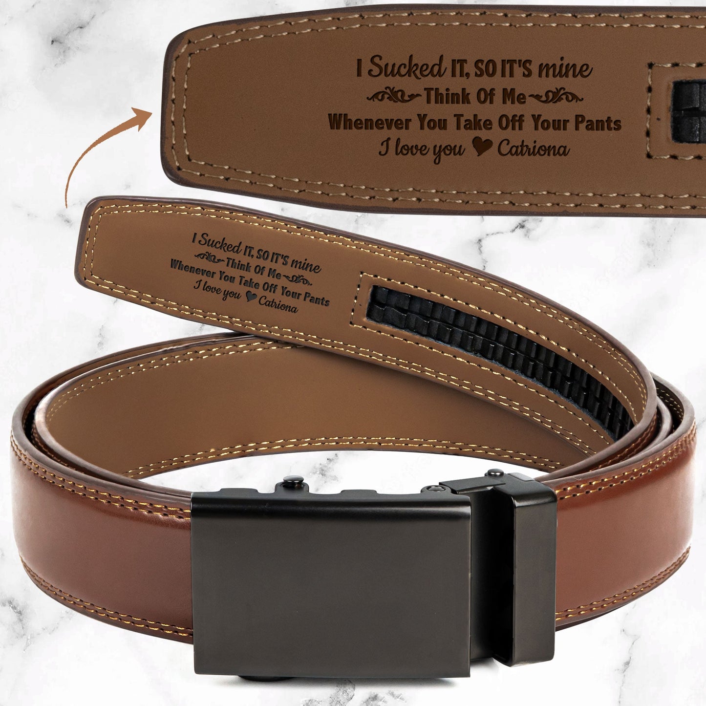 I Sucked It So It's Mine Naughty - Personalized Leather Belt With Engraved Buckle