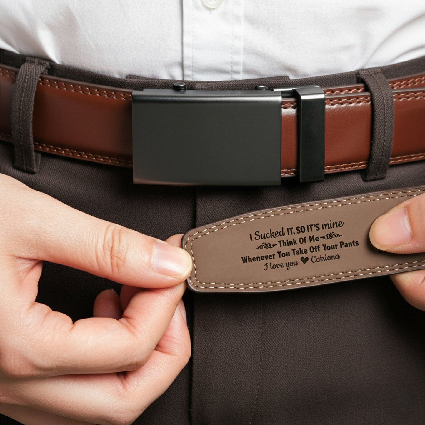 I Sucked It So It's Mine Naughty - Personalized Leather Belt With Engraved Buckle