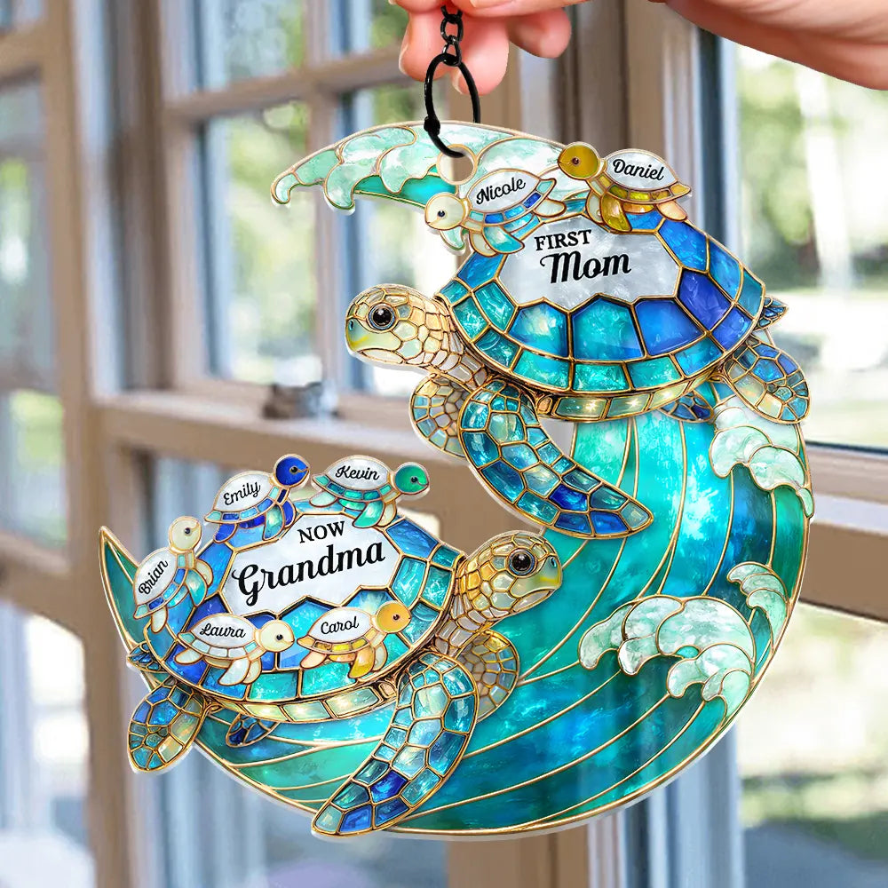 First Mom Now Grandma Stained Glass Turtle - Personalized Window Hanging Suncatcher Ornament