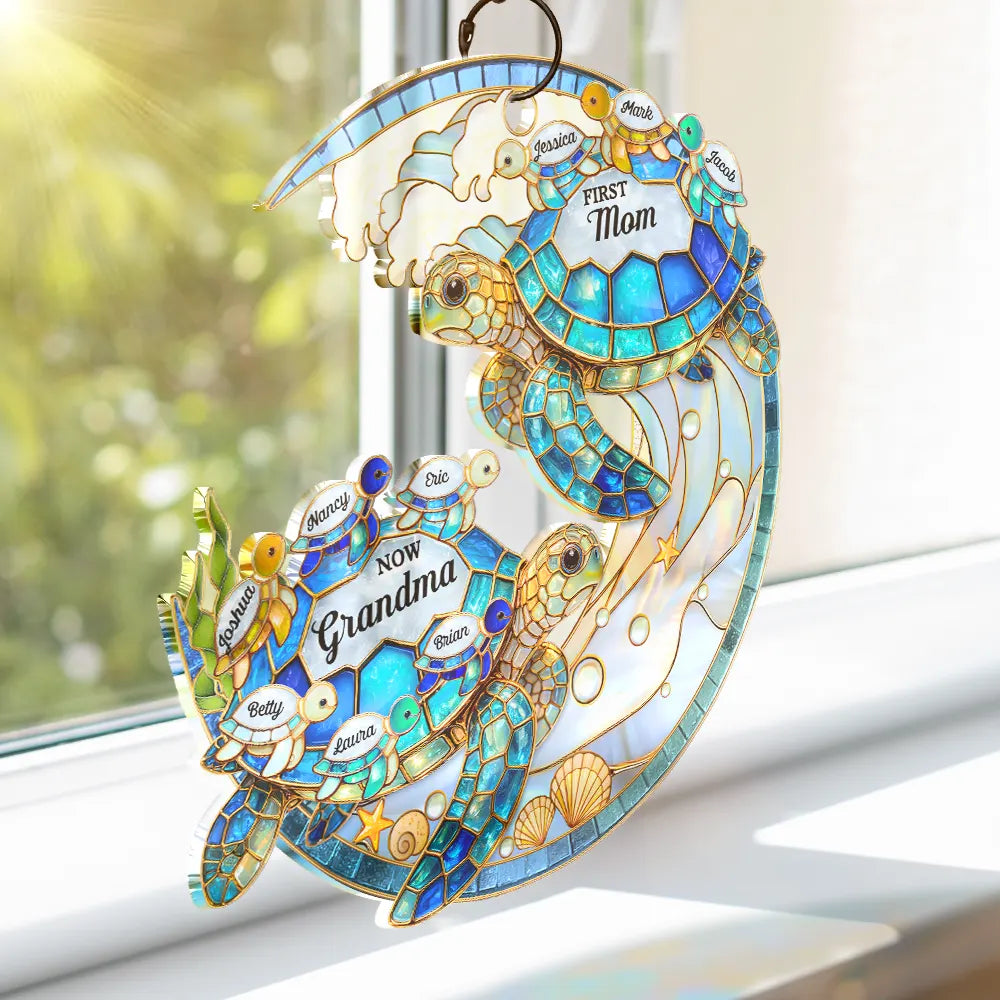 First Mom Now Grandma Stained Glass Turtle - Personalized Window Hanging Suncatcher Ornament