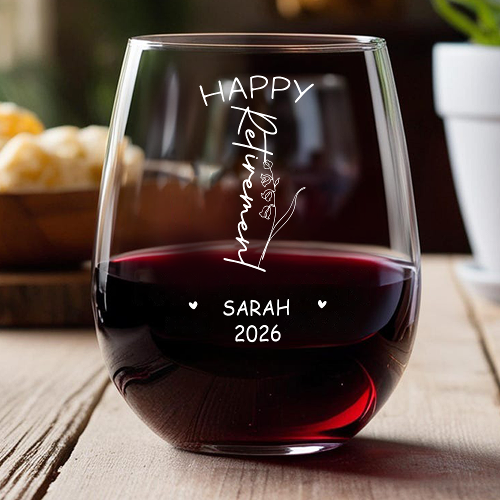 Personalized Name Birth Month Flower Wine Glass - Happy Retirement Gift